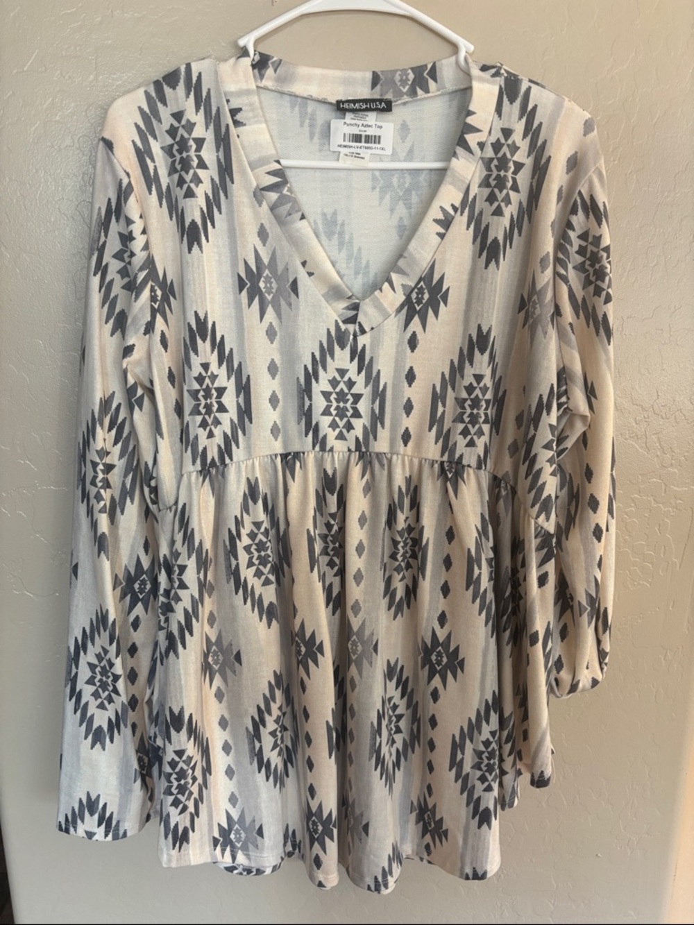 Hemish Cream and Gray Aztec V-Neck Peplum Tunic